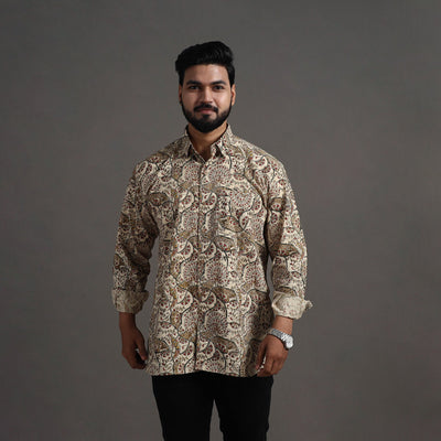 Beige Pedana Kalamkari Block Print Cotton Men Full Sleeve Shirt