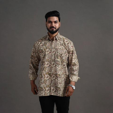 Beige Pedana Kalamkari Block Print Cotton Men Full Sleeve Shirt