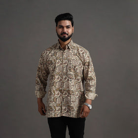 Beige Pedana Kalamkari Block Print Cotton Men Full Sleeve Shirt