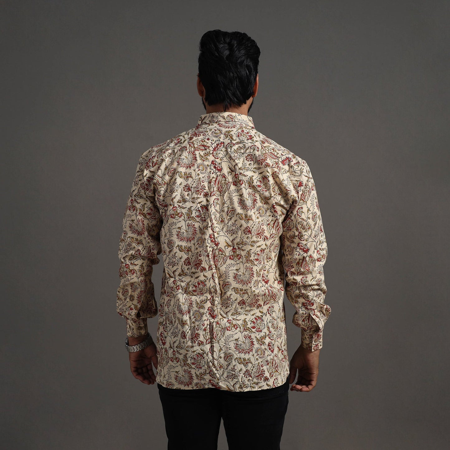 Beige - Pedana Kalamkari Block Print Cotton Men Full Sleeve Shirt