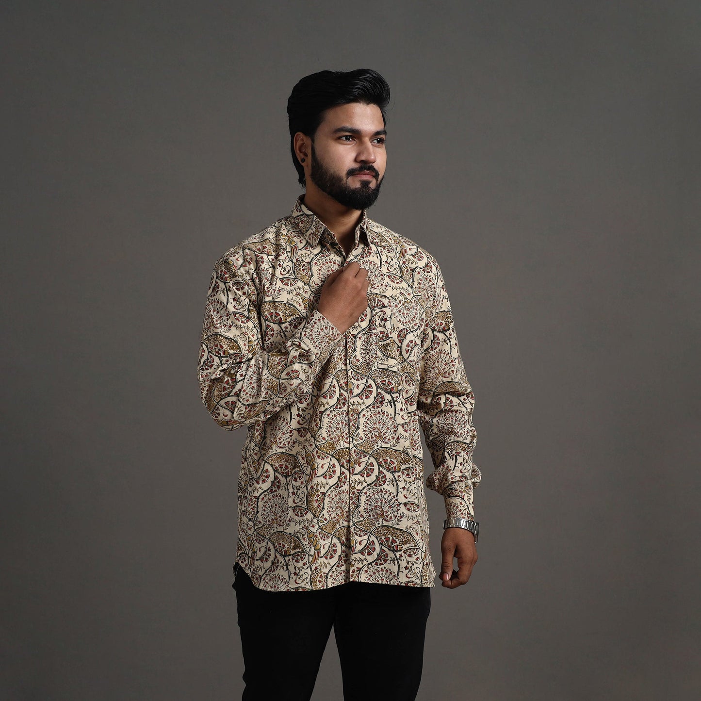 Beige Pedana Kalamkari Block Print Cotton Men Full Sleeve Shirt