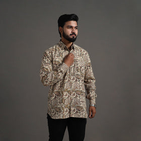Beige Pedana Kalamkari Block Print Cotton Men Full Sleeve Shirt