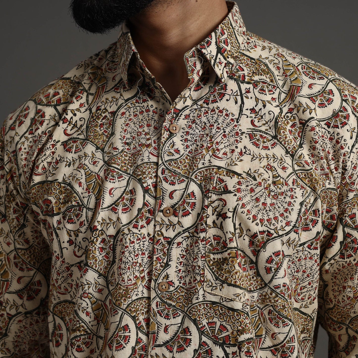 Beige Pedana Kalamkari Block Print Cotton Men Full Sleeve Shirt