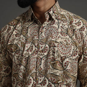 Beige Pedana Kalamkari Block Print Cotton Men Full Sleeve Shirt