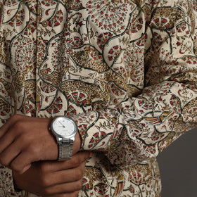 Beige Pedana Kalamkari Block Print Cotton Men Full Sleeve Shirt