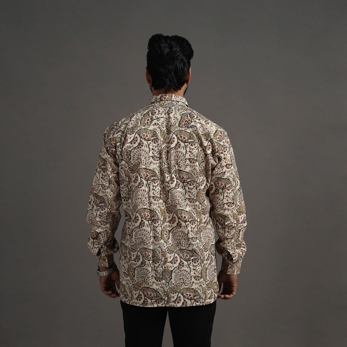 Beige Pedana Kalamkari Block Print Cotton Men Full Sleeve Shirt