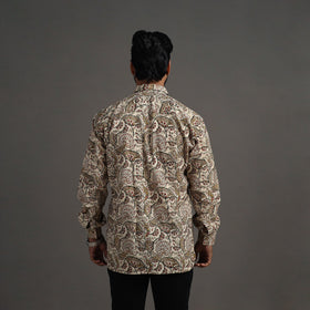 Beige Pedana Kalamkari Block Print Cotton Men Full Sleeve Shirt