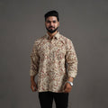 Beige - Pedana Kalamkari Block Print Cotton Men Full Sleeve Shirt