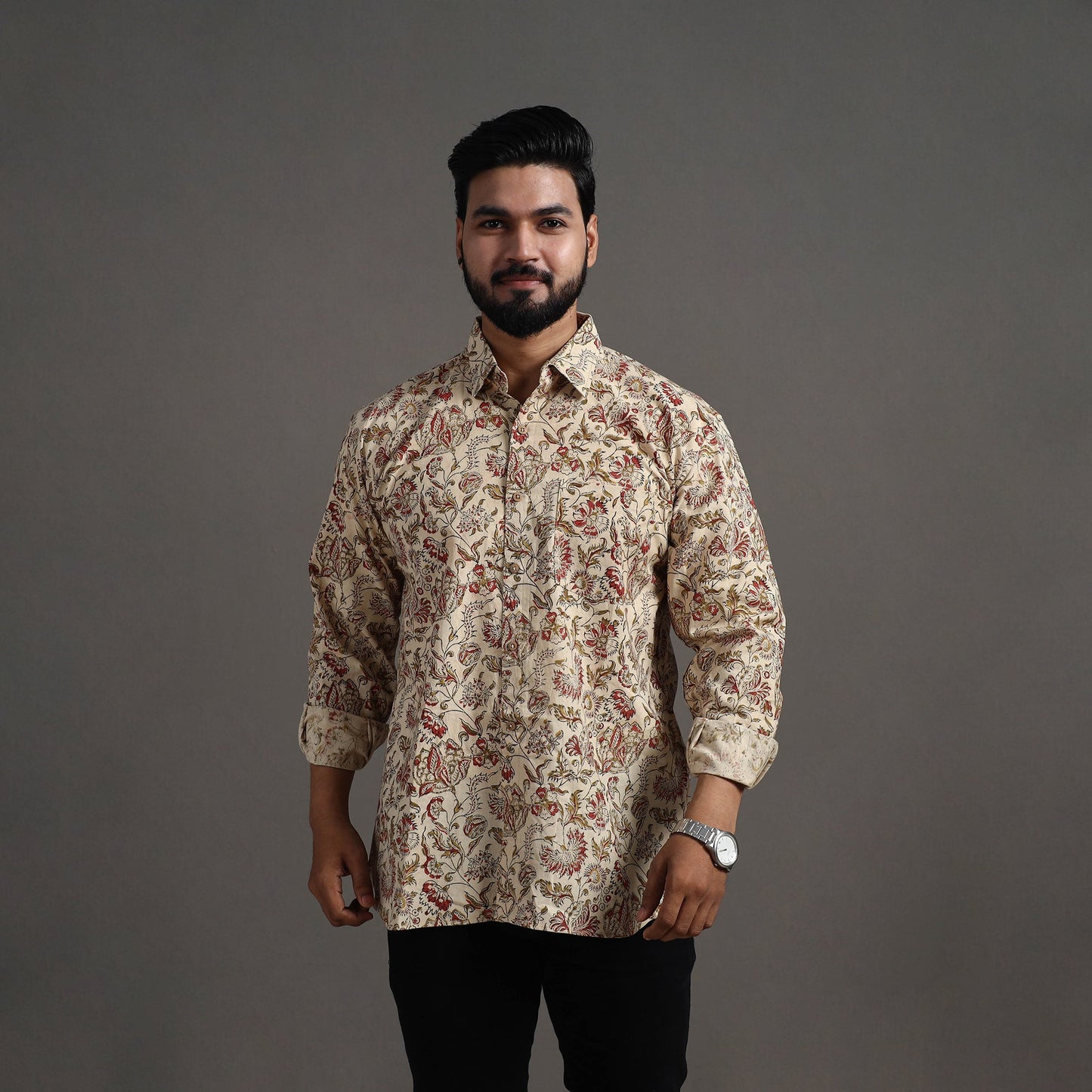 Beige - Pedana Kalamkari Block Print Cotton Men Full Sleeve Shirt