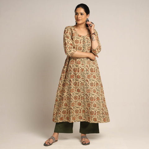Beige - pedana kalamkari printed cotton kurta with palazzo