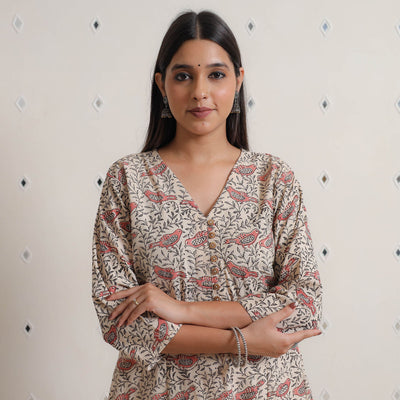 Pedana Kalamkari Block Print Cotton A-Line Kurta For Women