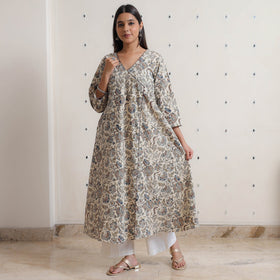 Pedana Kalamkari Block Print Cotton A-Line Kurta for Women