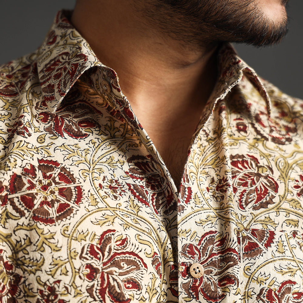 Beige - Premium Pedana Kalamkari Block Printed Cotton Men Full Sleeve Shirt