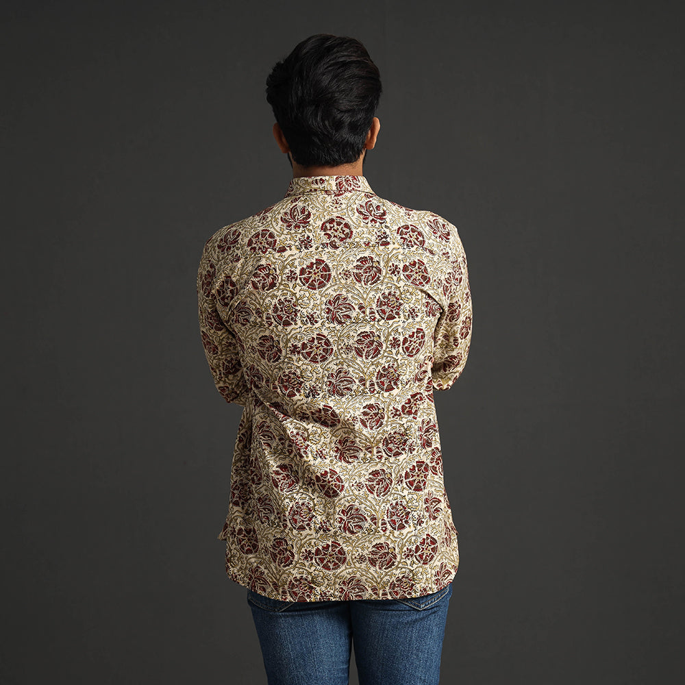 Beige - Premium Pedana Kalamkari Block Printed Cotton Men Full Sleeve Shirt
