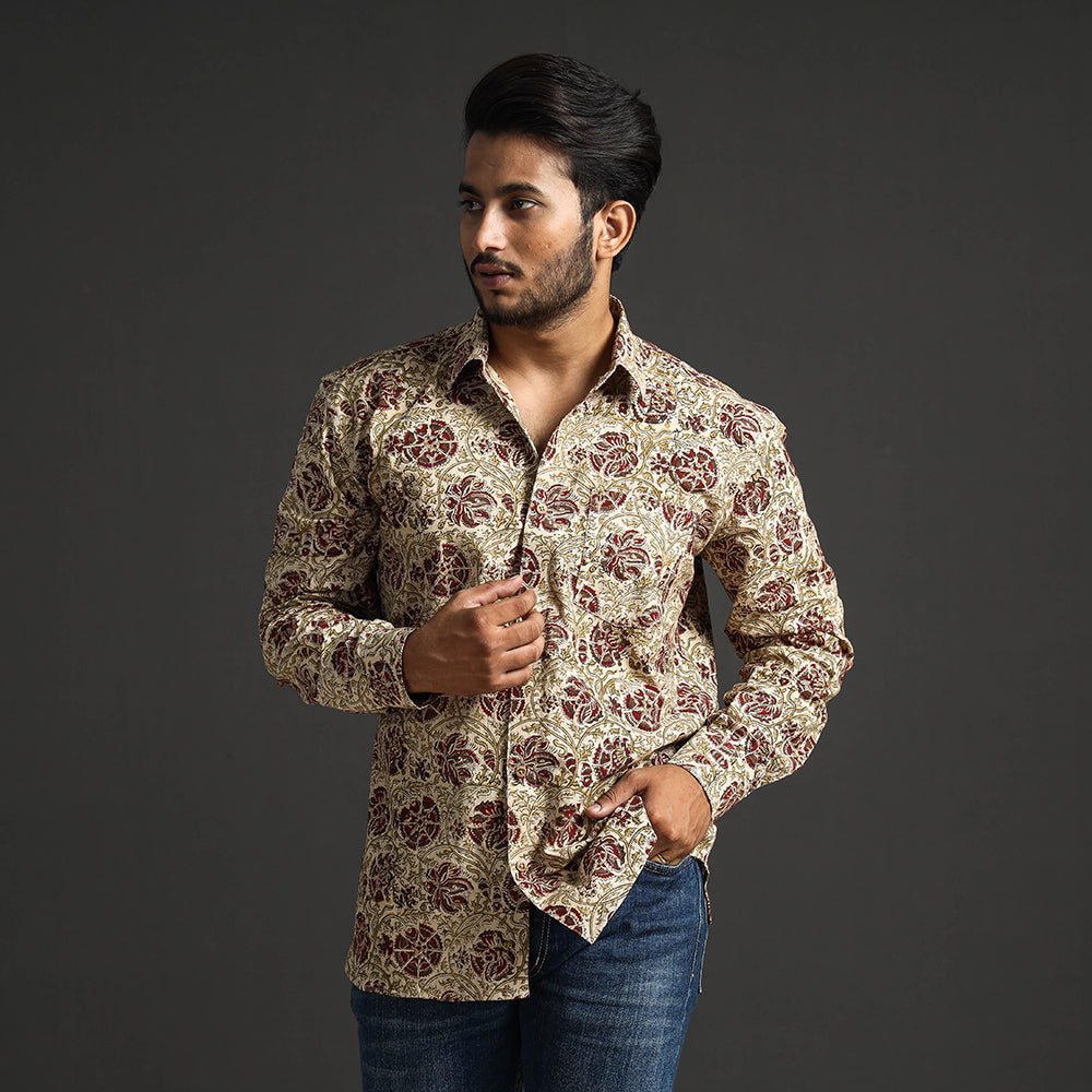 Beige - Premium Pedana Kalamkari Block Printed Cotton Men Full Sleeve Shirt
