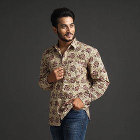 Beige - Premium Pedana Kalamkari Block Printed Cotton Men Full Sleeve Shirt