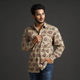 Beige - Premium Pedana Kalamkari Block Printed Cotton Men Full Sleeve Shirt