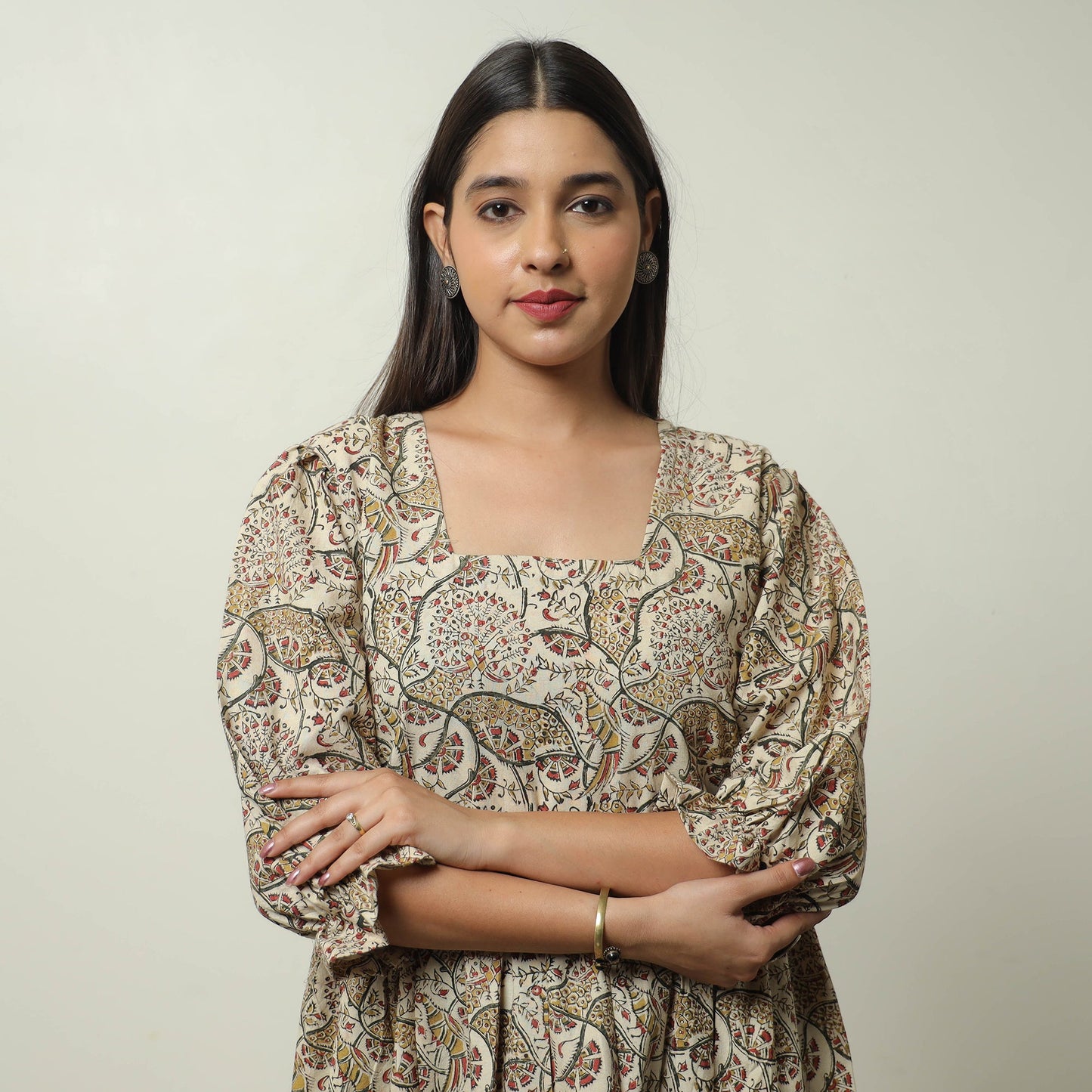 Buy Pedana Kalamkari Block Printed Cotton Tiered Dress 06 Online at iTokri.com