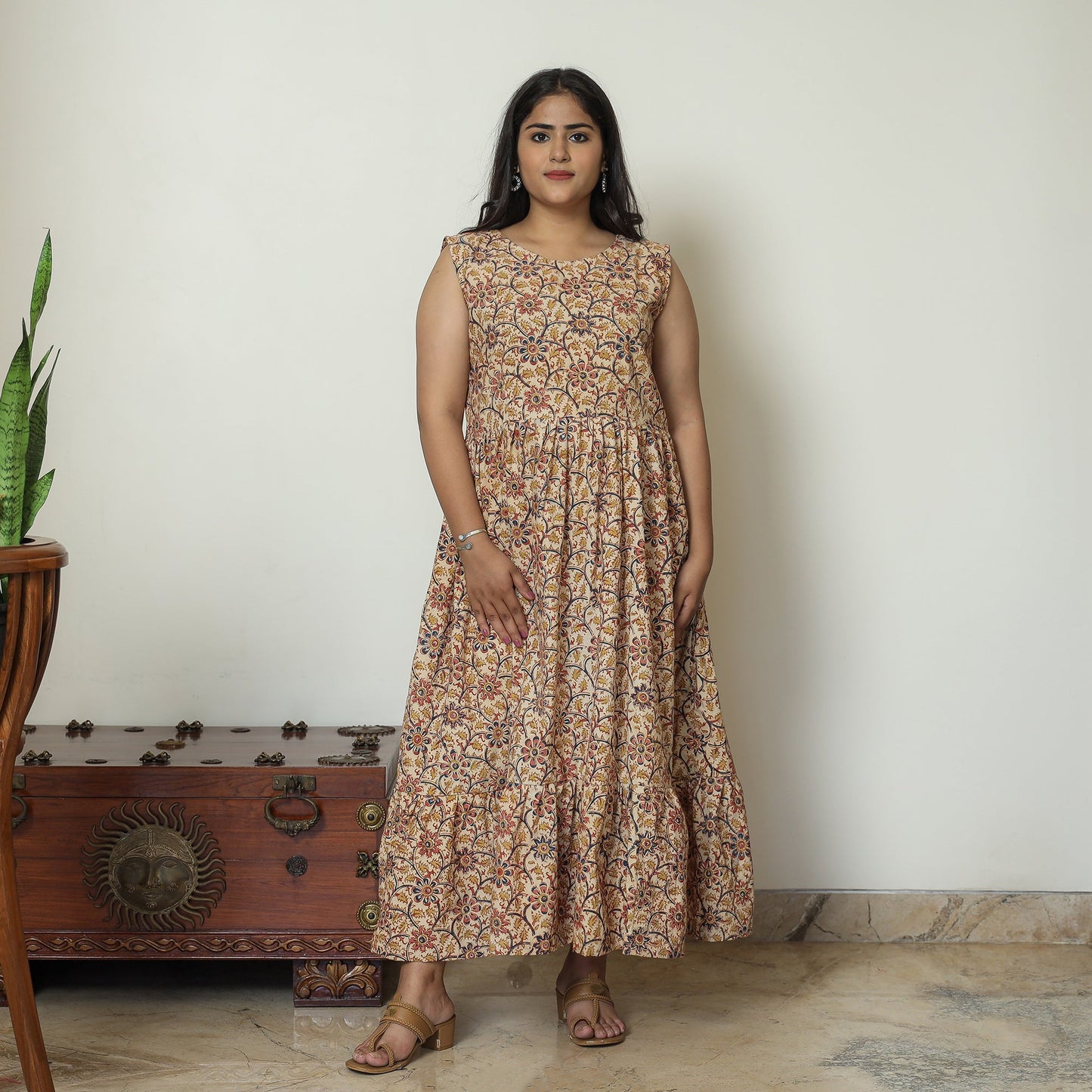 Buy Pedana Kalamkari Block Printed Cotton Tiered Dress 01 Online at iTokri.com
