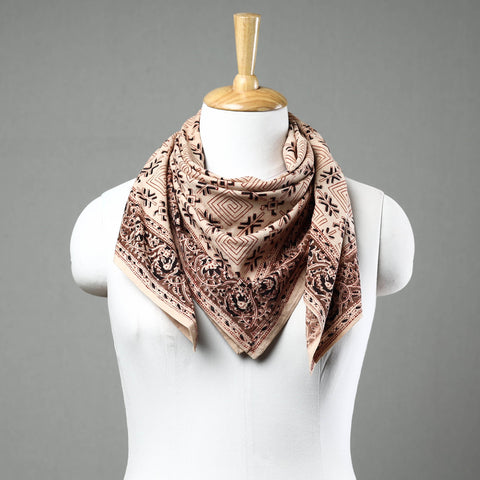 Beige Pedana Kalamkari Block Printed Natural Dyed Cotton Scarf 