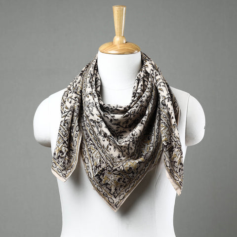 Beige Pedana Kalamkari Block Printed Natural Dyed Cotton Scarf