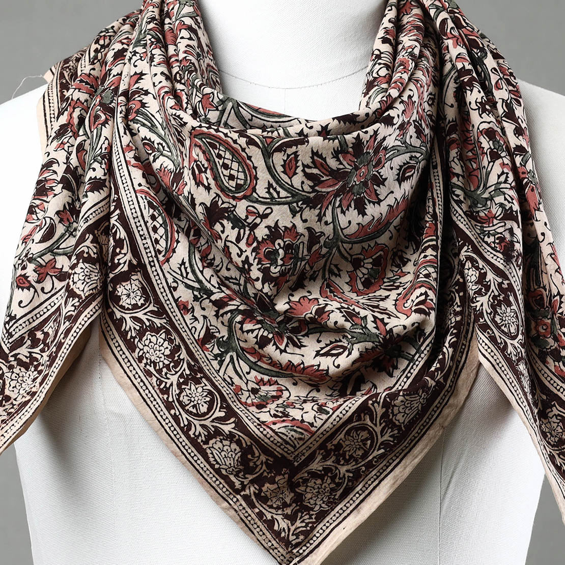 Beige Pedana Kalamkari Block Printed Natural Dyed Cotton Scarf