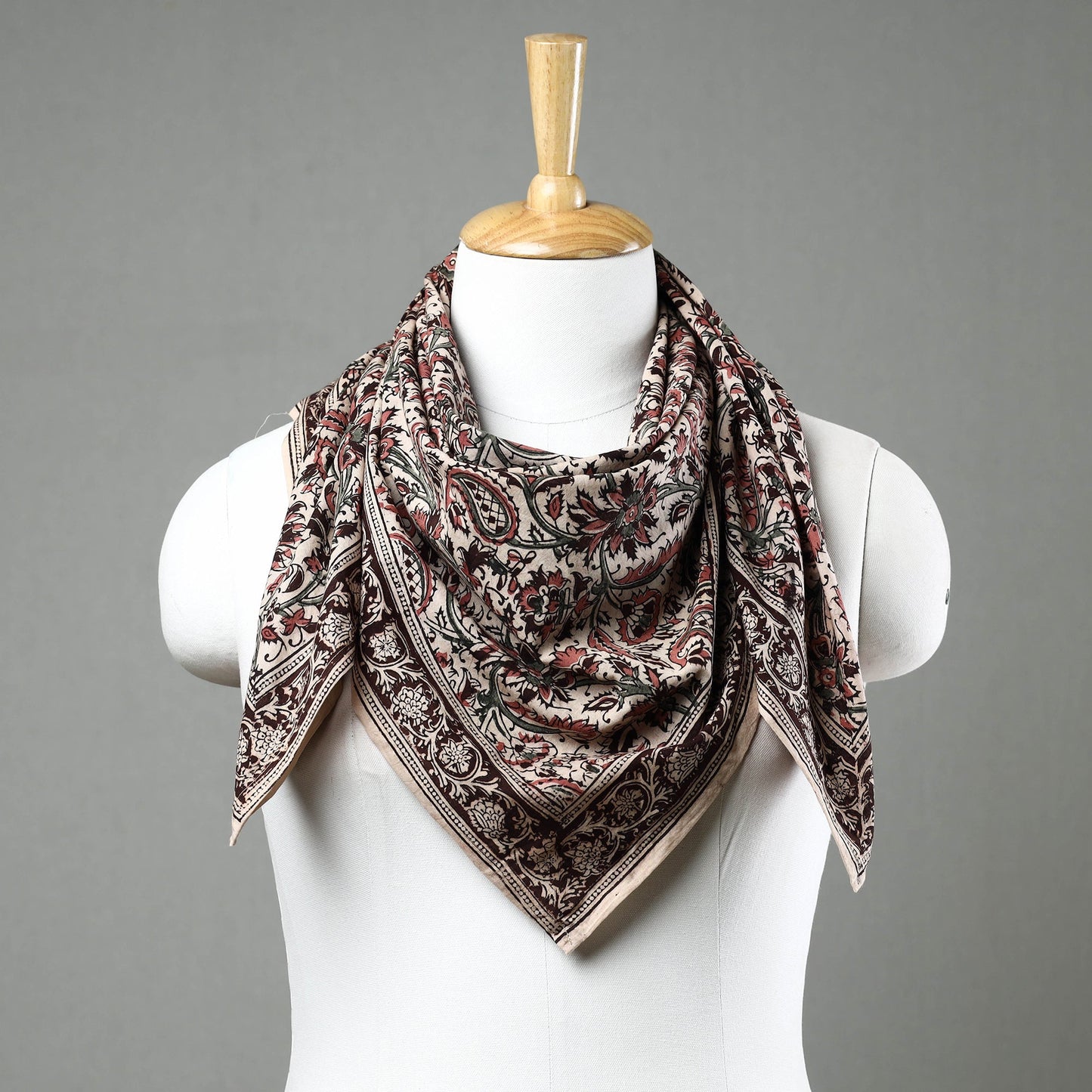 Beige Pedana Kalamkari Block Printed Natural Dyed Cotton Scarf