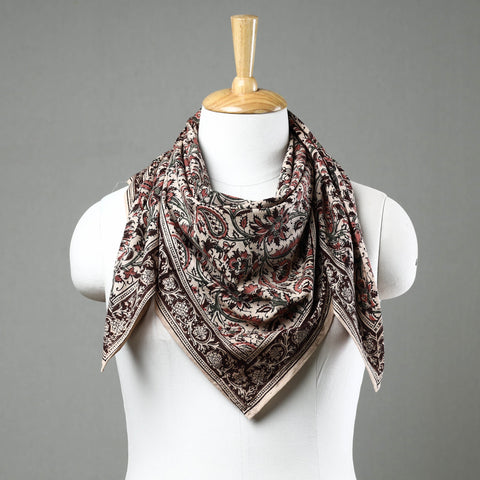 Beige Pedana Kalamkari Block Printed Natural Dyed Cotton Scarf