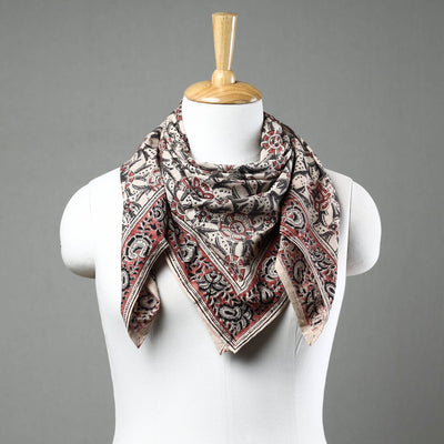 Beige Pedana Kalamkari Block Printed Natural Dyed Cotton Scarf