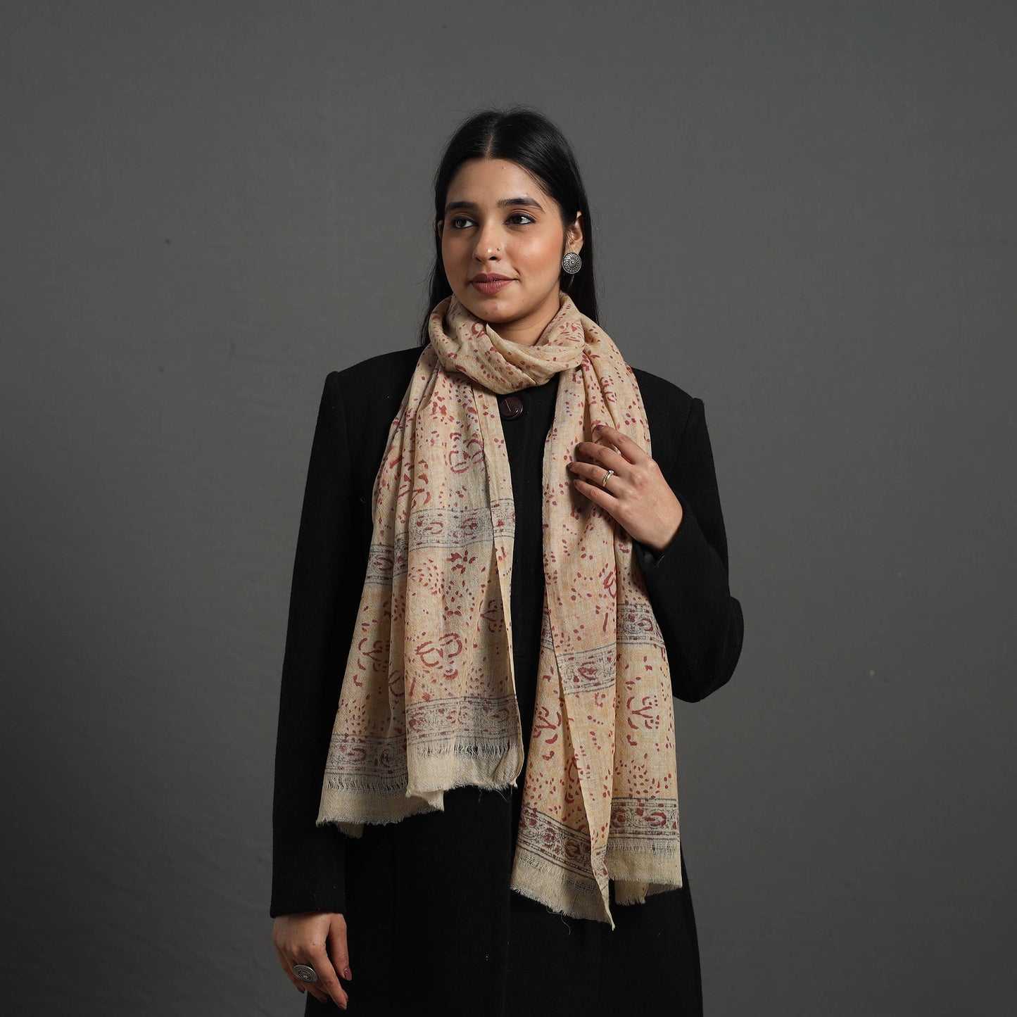 Beige - pedana kalamkari wool stole 09 - handcrafted