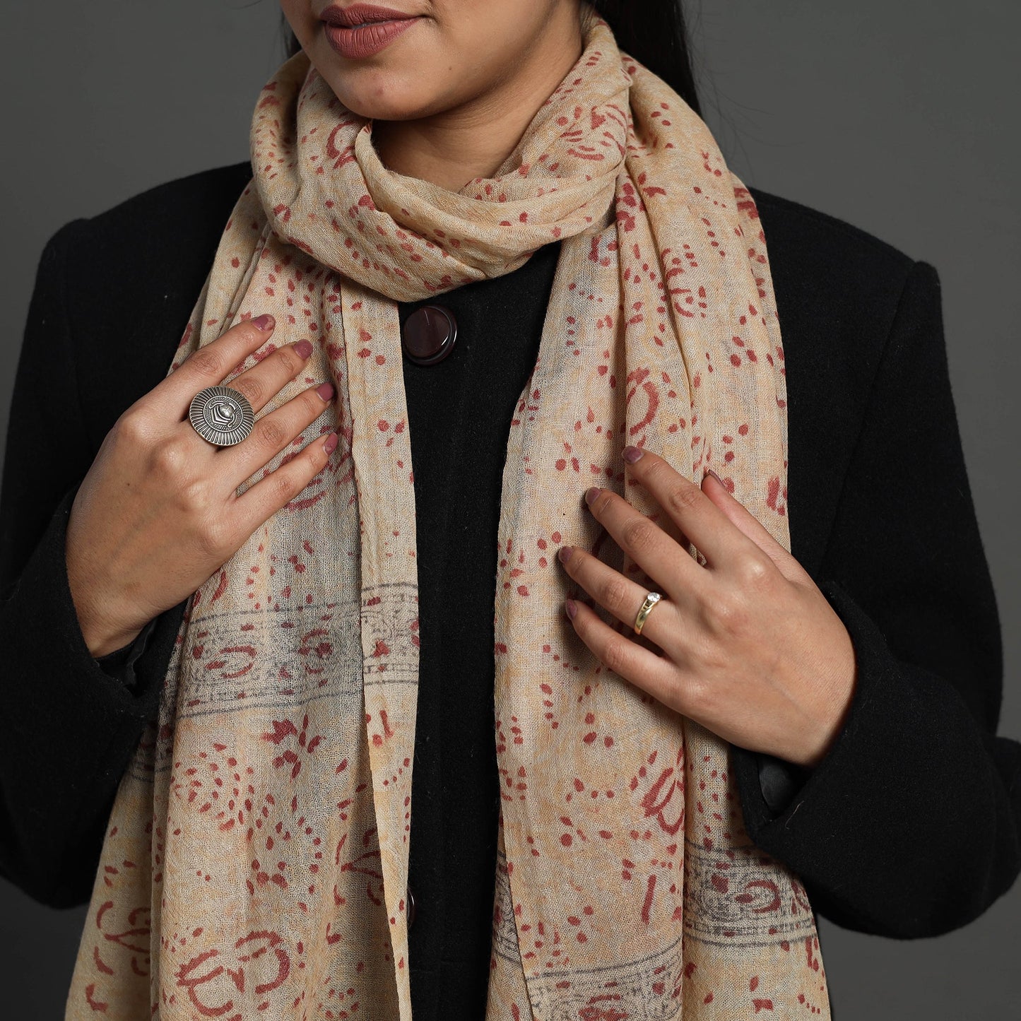 Beige - pedana kalamkari wool stole 09 - handcrafted