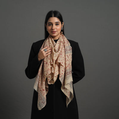 Beige Block Print Pedana Kalamkari Wool Stole