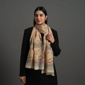 Beige Block Print Pedana Kalamkari Wool Stole