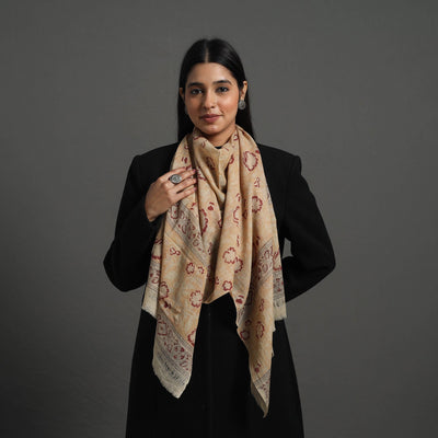 Beige Block Print Pedana Kalamkari Wool Stole