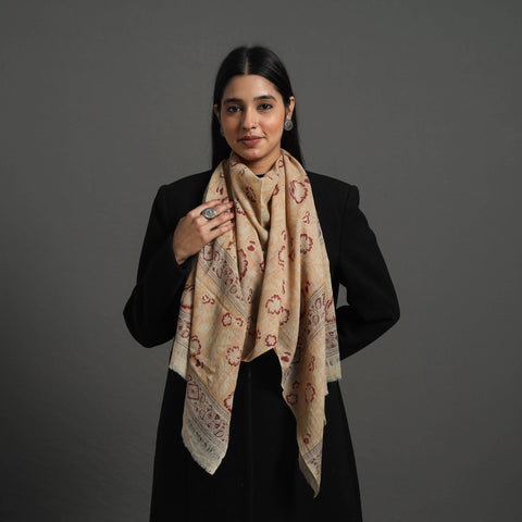 Beige Block Print Pedana Kalamkari Wool Stole