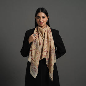 Beige Block Print Pedana Kalamkari Wool Stole