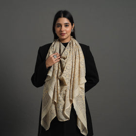 Beige Block Print Pedana Kalamkari Wool Stole