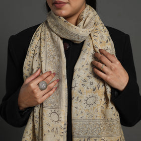 Beige Block Print Pedana Kalamkari Wool Stole