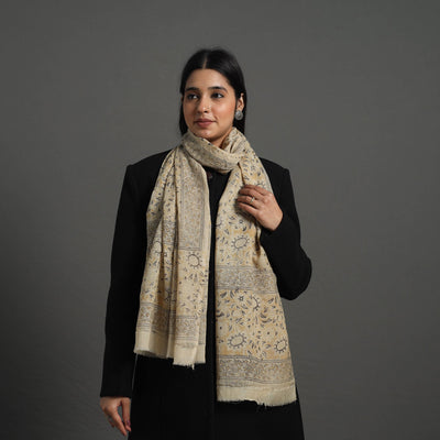 Beige Block Print Pedana Kalamkari Wool Stole