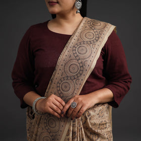 Beige Pedana Block Print Merino Wool Kalamkari Saree