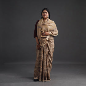 Beige Pedana Block Print Merino Wool Kalamkari Saree