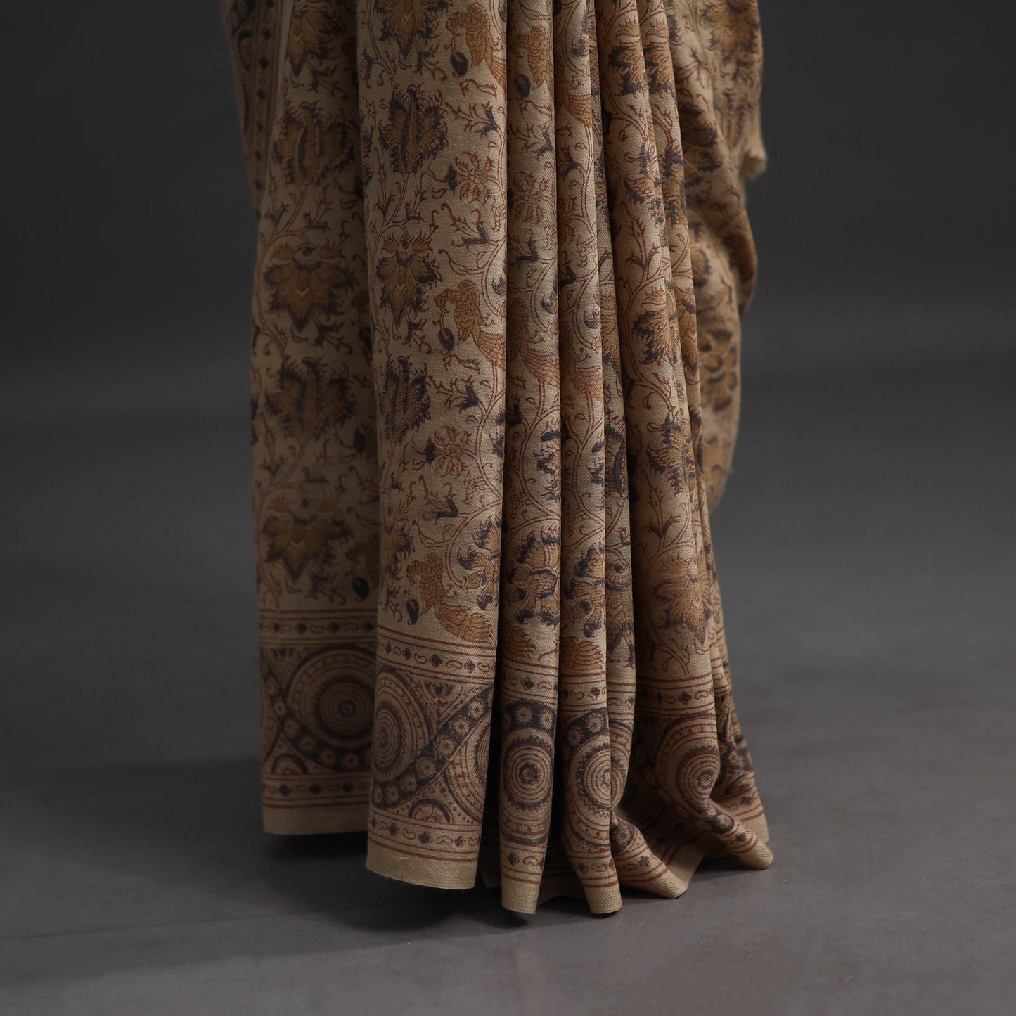 Beige Pedana Block Print Merino Wool Kalamkari Saree