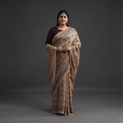 Beige Pedana Block Print Merino Wool Kalamkari Saree