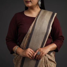 Beige Pedana Block Print Merino Wool Kalamkari Saree