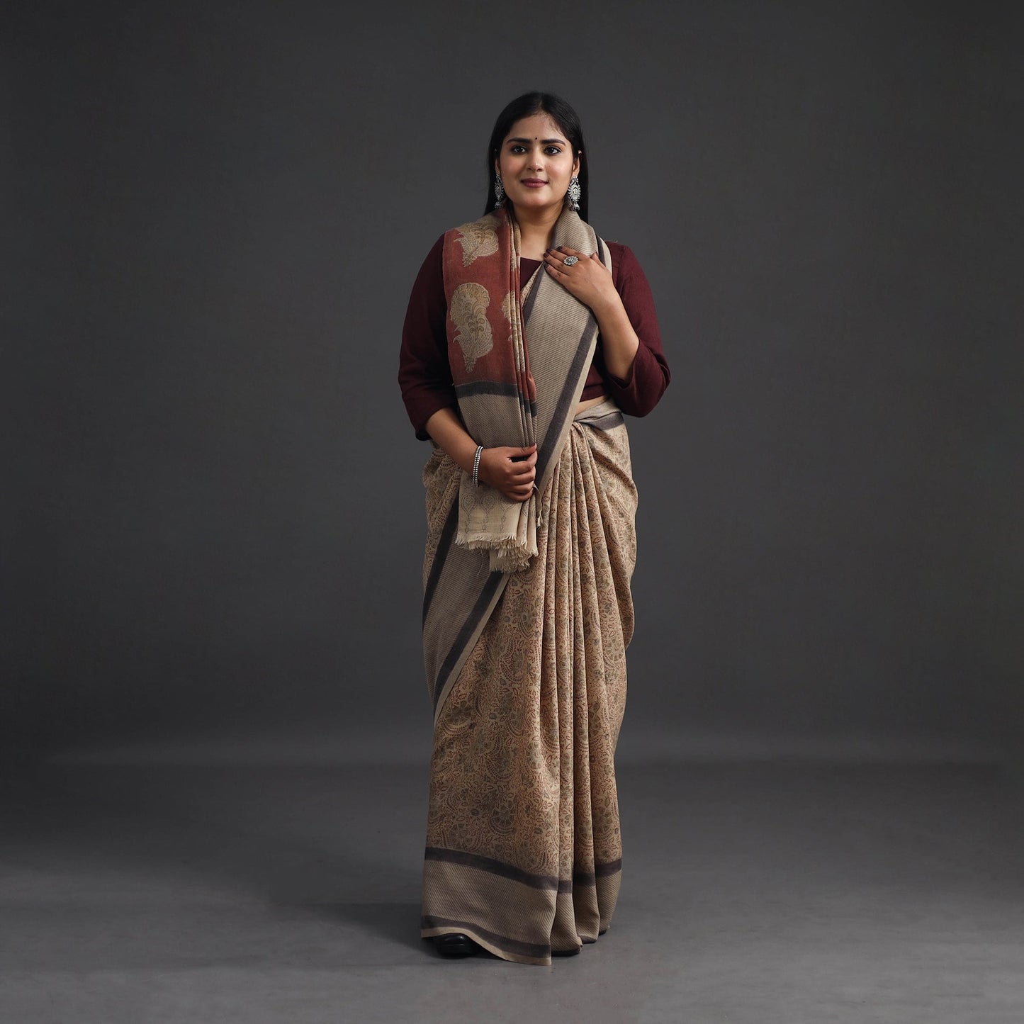 Beige Pedana Block Print Merino Wool Kalamkari Saree