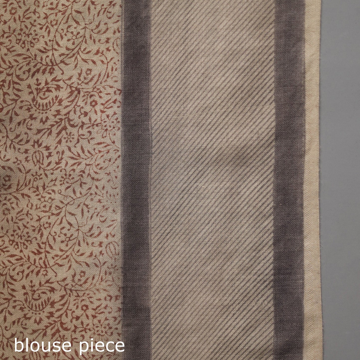Beige Pedana Block Print Merino Wool Kalamkari Saree