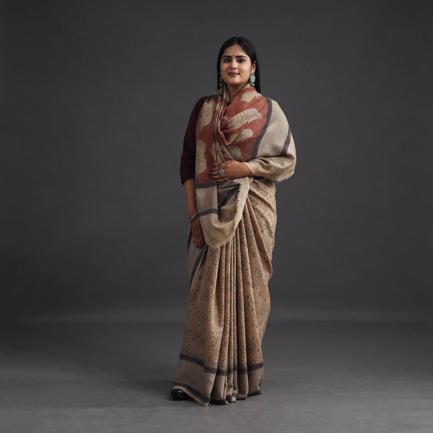 Beige Pedana Block Print Merino Wool Kalamkari Saree