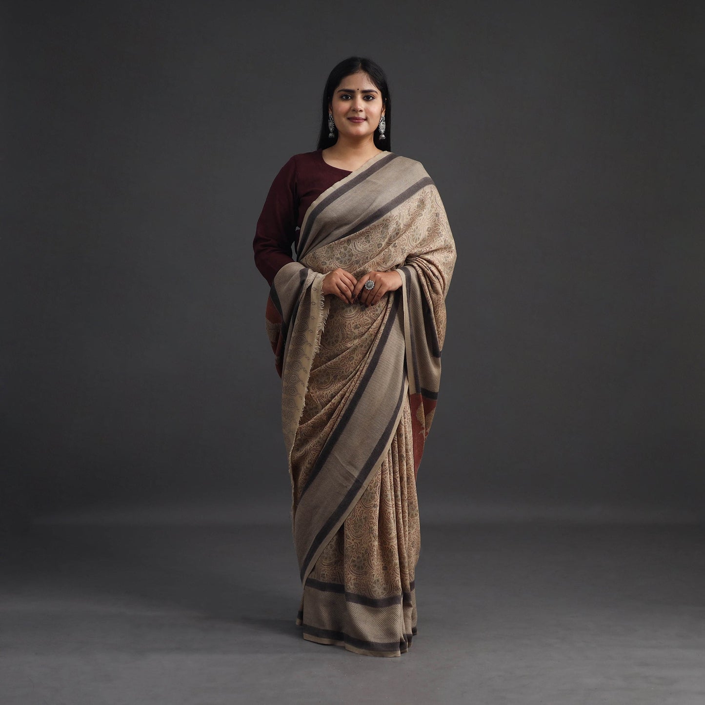 Beige Pedana Block Print Merino Wool Kalamkari Saree