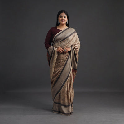 Beige Pedana Block Print Merino Wool Kalamkari Saree