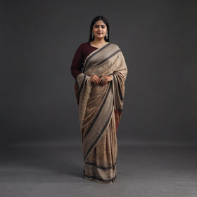 Beige Pedana Block Print Merino Wool Kalamkari Saree